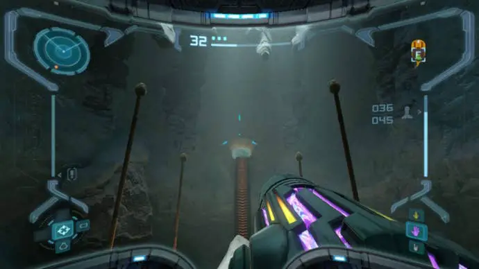 Samus apunta a los rastros de bolas de araña en Metroid Prime Remastered