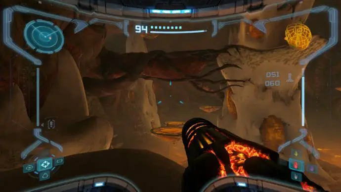 Jugador mirando algunas de las plataformas en el área del Cráter de Impacto de Metroid Prime Remastered