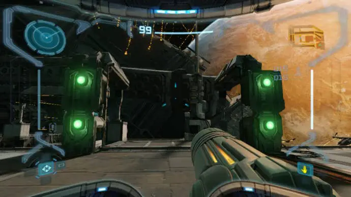 Samus dispara a cuatro objetivos para eliminar obstáculos en Metroid Prime Remastered