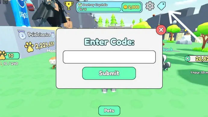 El menú de canje de códigos de Roblox Collect All Pets, con una flecha que apunta al icono de canje de códigos en la parte superior de la pantalla.