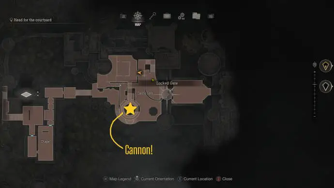 Un mapa del exterior del castillo en Resident Evil 4 Remake, que muestra la ubicación del cañón.