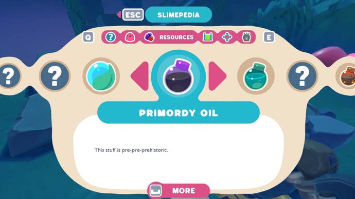 La descripción de Primordy Oil en Slimepedia mostrando Slime Rancher 2