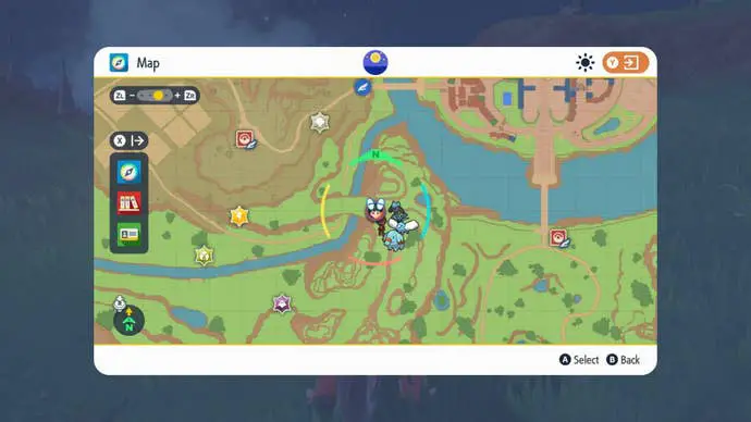 Cómo obtener a Riolu en escarlata y violeta: la imagen del mapa muestra al personaje del jugador de pie junto a un río cerca de las llanuras abiertas