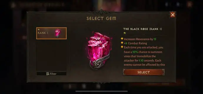 La pantalla de estado revela la poderosa gema legendaria Black Rose en Diablo Immortal
