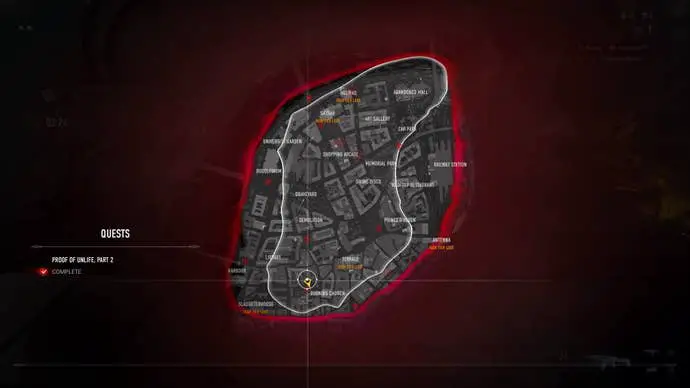 Pista cerca de la ubicación del mapa del lugar del accidente en la misión Prueba de no vida en Vampire the Masquerade: Bloodhunt.