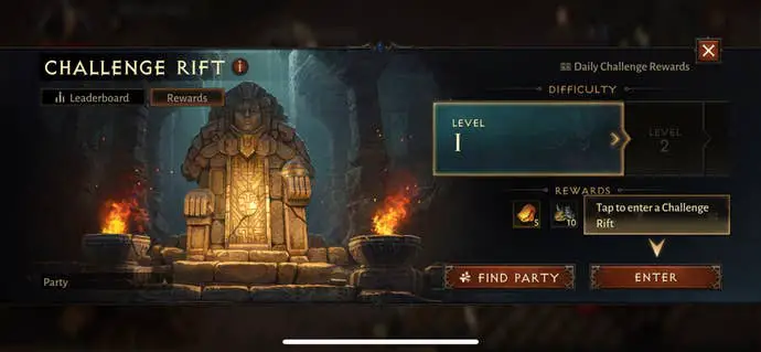 Una pantalla que muestra los diferentes niveles de dificultad de Diablo Immortal Challenge Rift
