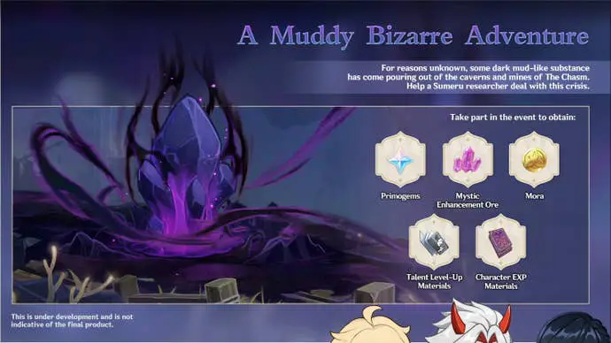 Tabla de detalles del evento Muddy Bizarre Adventure para Genshin Impact versión 2.7
