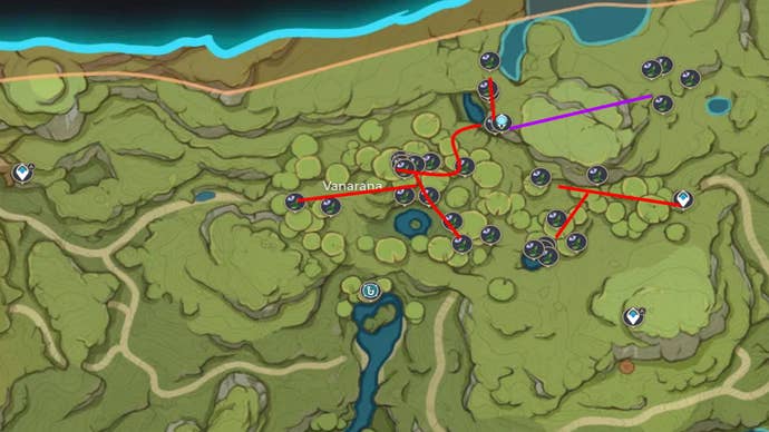 Ubicación de Genshin Impact Padisarah: un mapa que muestra la ruta para encontrar a Padisarah cerca de las siete estatuas de Vanarana y el punto de referencia del Este