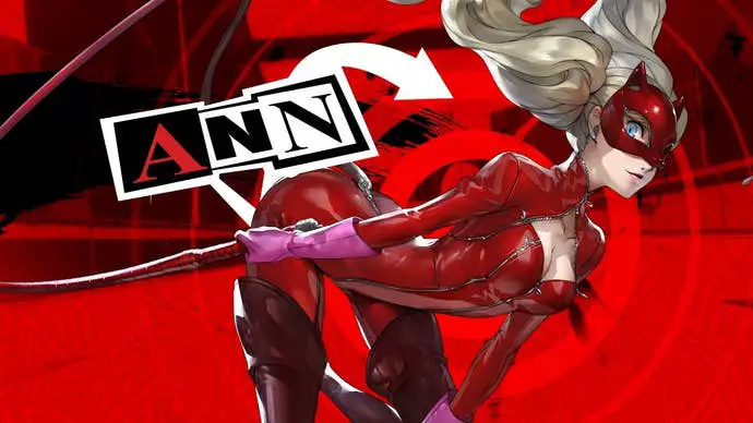 Persona 5: A Confidant's Choice: una chica de anime con cabello rubio y una chaqueta de cuero roja se encuentra contra un fondo rojo