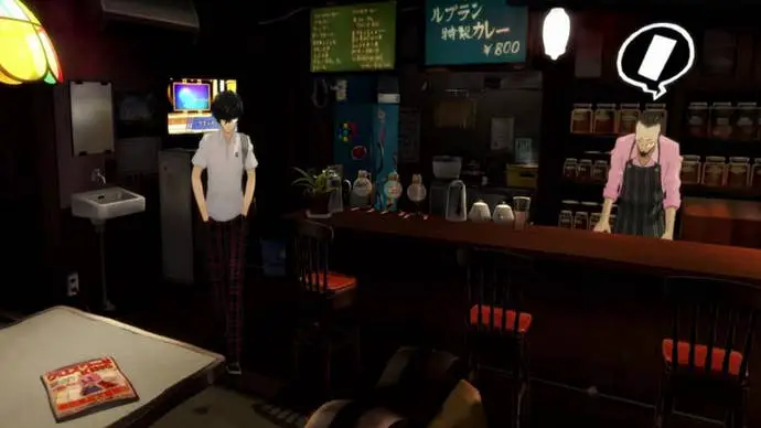 Persona 5 Royal Sojiro Confidante: joven de anime y hombre de mediana edad parado en una cafetería