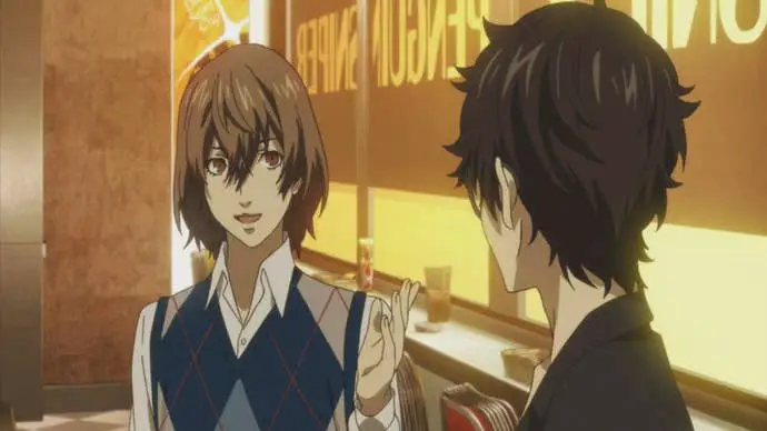 Persona 5 Royal Akechi Confidant: un joven de anime con un suéter acolchado se para frente a una ventana iluminada