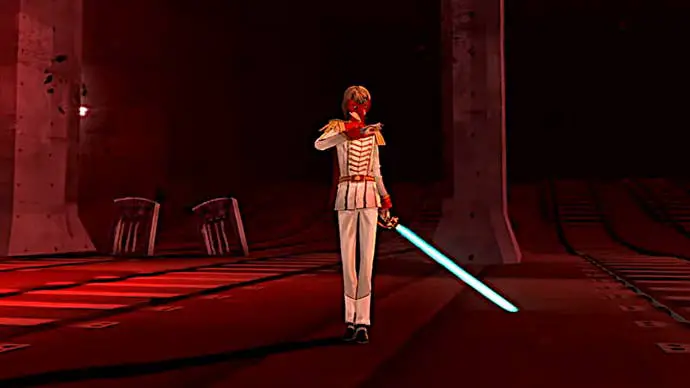 Confidente sabio de Persona 5: un joven de anime con un traje blanco y una máscara roja blande una espada