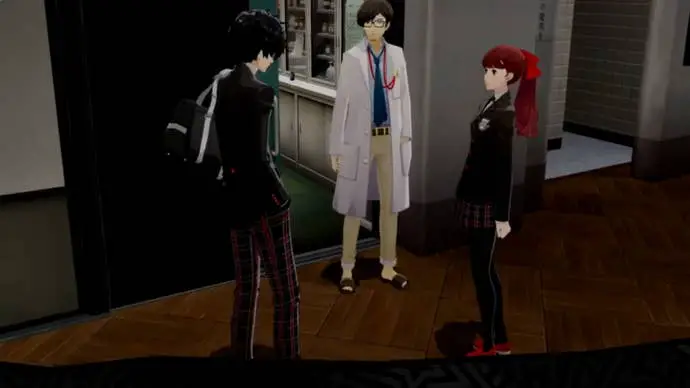 Persona 5 Royal Maruki Confidant: un chico de anime con cabello castaño y anteojos se para en un pasillo con dos estudiantes de secundaria