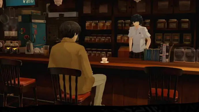 Persona 5 Royal Maruki Confidant: un chico de anime con cabello castaño y anteojos sentado en una cafetería