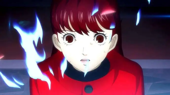 Persona 5 Royal Confidant: una chica de anime con cabello rojo y ropa roja, mirando la llama azul con miedo en su rostro