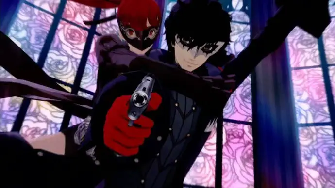 Persona 5 Royal Confidant of Faith: una joven anime pelirroja sostiene una máscara estilizada y sostiene a un joven anime con una máscara y apuntando con un arma