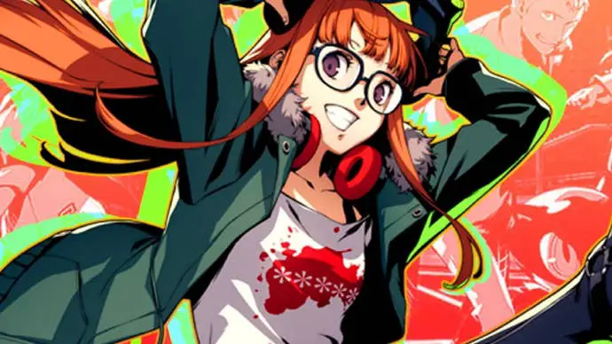 Persona 5 Royal Futaba Confidant: una joven anime con cabello rojo, anteojos y un abrigo verde de pie contra un fondo multicolor