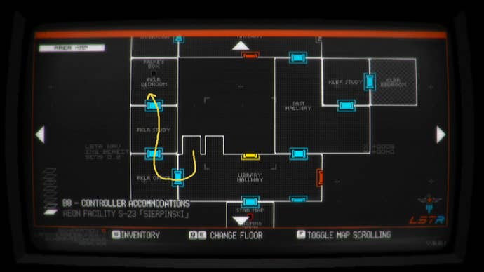 Un mapa que muestra la ruta al dormitorio de Falke en Signalis