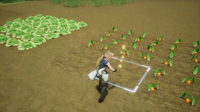 Un jugador cosechando zanahorias en el campo de Harvestella.