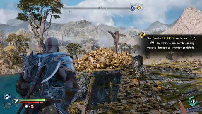 Kratos destruye depósitos de piedra dorada en God of War Ragnarok con un cóctel Molotov