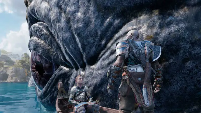 Kratos, Atreus y Mimir navegan con Rimbark durante Weight of Chains en Ragnarok