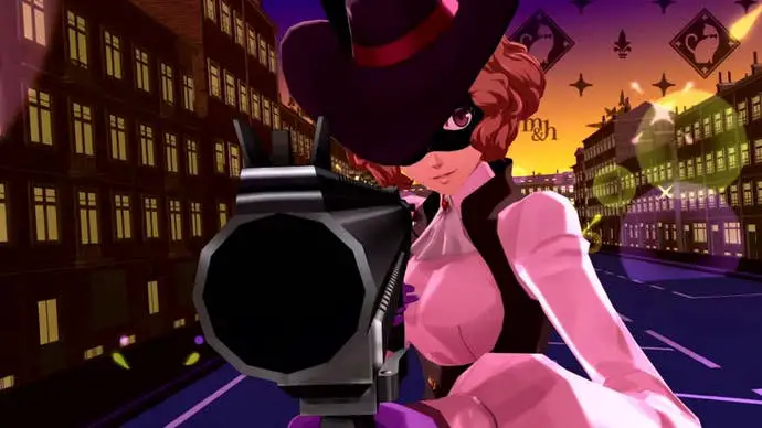Persona 5 Royal Haru Confidant: una joven anime con un sombrero negro y una camisa rosa con volantes apunta con un arma a la cámara
