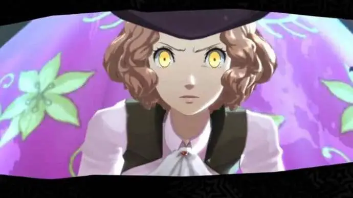 Persona 5 Royal Haru Confidant: una joven anime con un sombrero negro y una camisa rosa con volantes mira a la cámara con ojos dorados