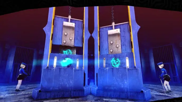 Persona 5 Royal Strength Confidant: dos chicas de anime de pie junto a dos guillotinas con orbes azules brillantes debajo de las cuchillas