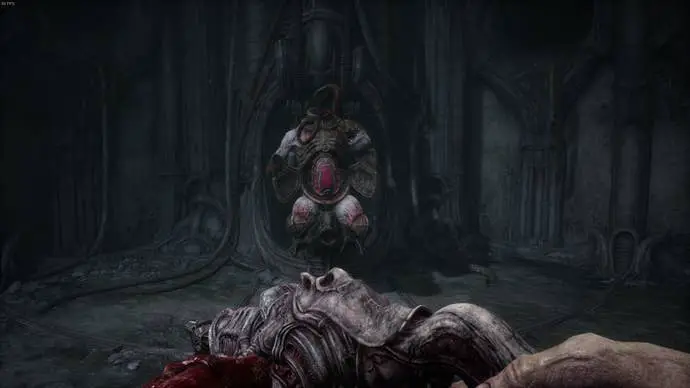 El jugador se enfrenta al jefe del lanzagranadas antes de ser despertado en el Acto 5 de Scorn.
