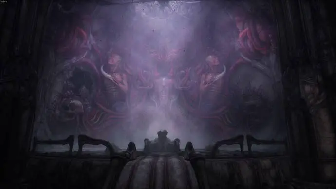 En el Acto 5 de Scorn, el jugador mira hacia una pared enorme con una columna de dos manos frente a ella.