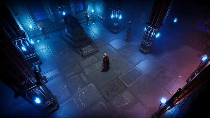 V Levantándose, los personajes dentro del Castillo del Vampiro se paran en una habitación oscura, mirando el gran sarcófago frente a ellos. Antorchas encendidas con llamas azules se alineaban en la habitación.