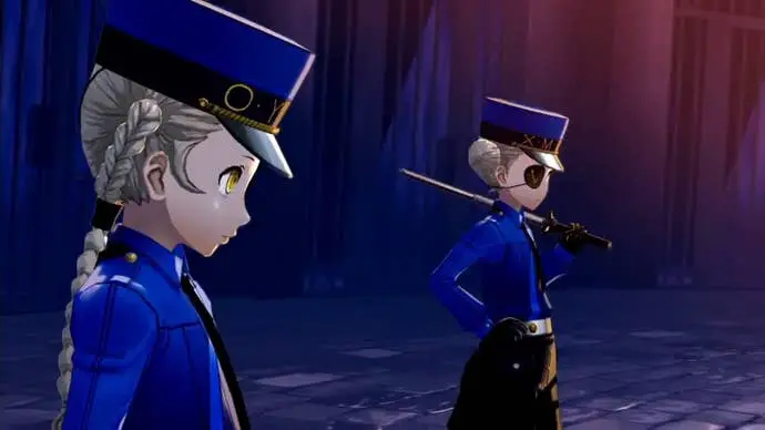 Persona 5 Royal Strength Confidant: dos chicas de anime con camisas azules y sombreros de pie en una habitación oscura