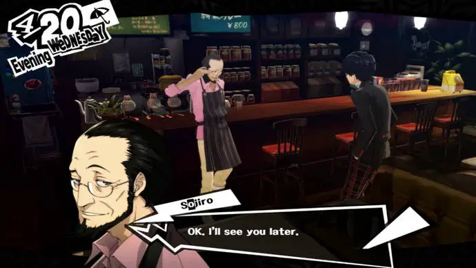 Persona 5 Royal Sojiro Confidante: anime hombre de mediana edad hablando con estudiantes de secundaria en una cafetería