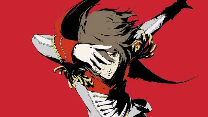 Persona 5 Wise Confidante: joven anime con traje blanco y máscara roja de pie contra un fondo rojo