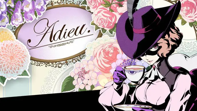 Persona 5 Royal Haru Confidant: una joven anime con un sombrero negro y una blusa rosa con volantes bebe de una taza de té