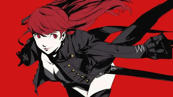 Persona 5 Royal Faith Confidant: una joven anime con cabello rojo y un traje negro que sostiene una espada contra un fondo rojo