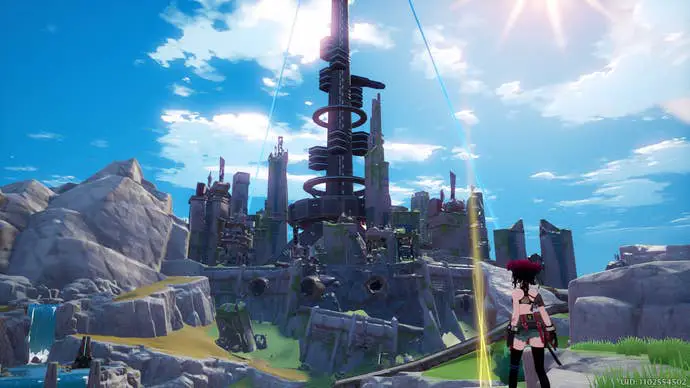Un personaje jugador mira hacia una de las Torres de las Ilusiones.