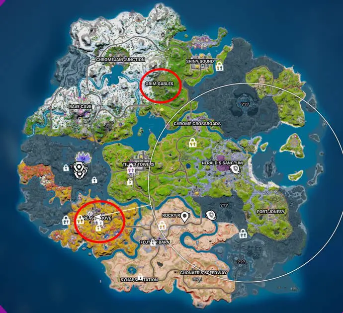 Muebles embrujados de Fortnite: el mapa de la temporada 3 de Fortnite tiene un círculo rojo sobre Grim Gables y Greasy Grove