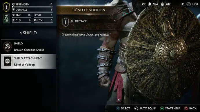 Escudo roto de Kratos, equipado con una rueda de voluntad básica.
