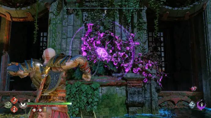 Kratos prende fuego a algunas enredaderas mágicas con su Chaos Blade en God of War Ragnarok