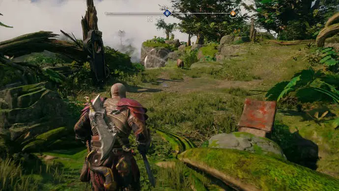 Kratos interactuando con el punto final de la misión Fragrance of Survival en God of War Ragnarok