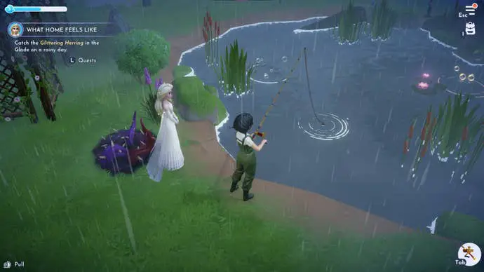 Un jugador pesca con Elsa en un día lluvioso en Disney's Valley of Lights