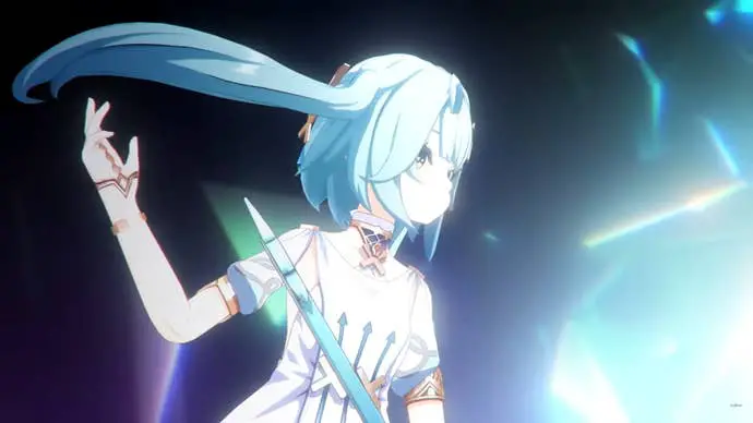 Equipos de Genshin Faruzan: una chica de anime con un vestido blanco con trenzas azules está creando un torbellino azul cuyo poder le echa el pelo hacia atrás.