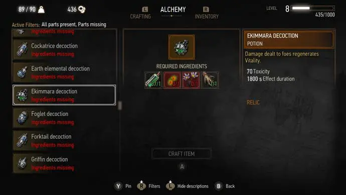 The Witcher 3 Alchemy: la imagen del menú se muestra con el cursor resaltando la poción Ekimmara, que se usa para agotar la salud de los enemigos cuando Geralt los ataca.