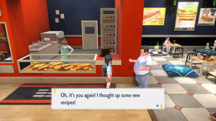 Los jugadores hablan con el hombre de la tienda de sándwiches para conocer la nueva receta de Pokémon Escarlata y Violeta.