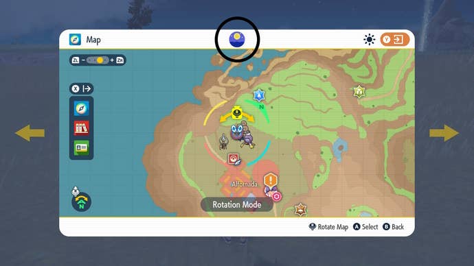 Mapa en Pokémon Escarlata y Violeta, rodea el tiempo