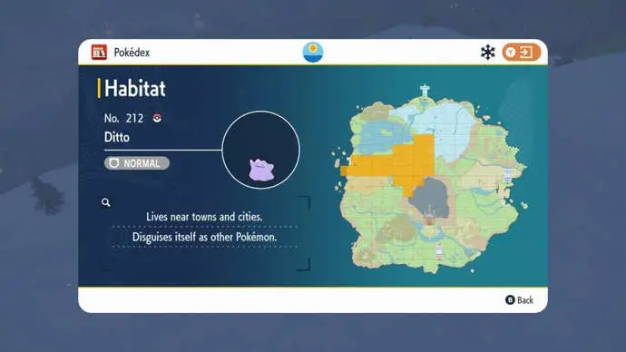 Muestra el hábitat de Ditto en Pokémon Crimson y Violet
