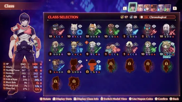Xenoblade 3 arts: pantalla de selección de clase Rogue