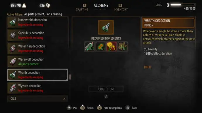 The Witcher 3 Alchemy: se muestra la imagen del menú, el cursor resalta Ghost Potion, un elemento que se puede fabricar que genera un escudo cuando Geralt recibe daño