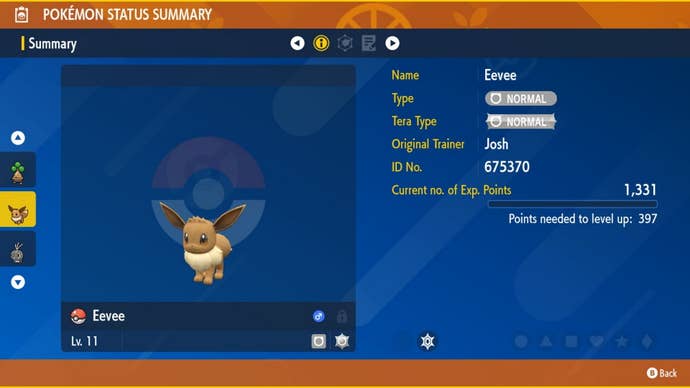 Habilidades ocultas de Pokémon Scarlet y Violet: la página del menú muestra a Eevee, una pequeña criatura marrón parecida a un perro con grandes orejas en el centro.
